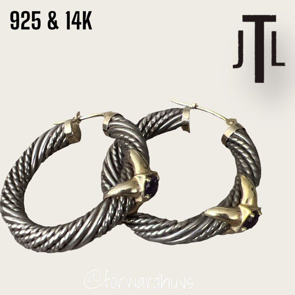 JTL Sterling Silver & 14K Gold Twisted Hoop Earrings – Amethyst Gemstone Accents